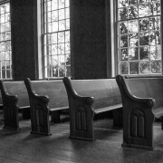 Church pews in Old Brick Church, Mooresville AL - by Marjorie Kaufman