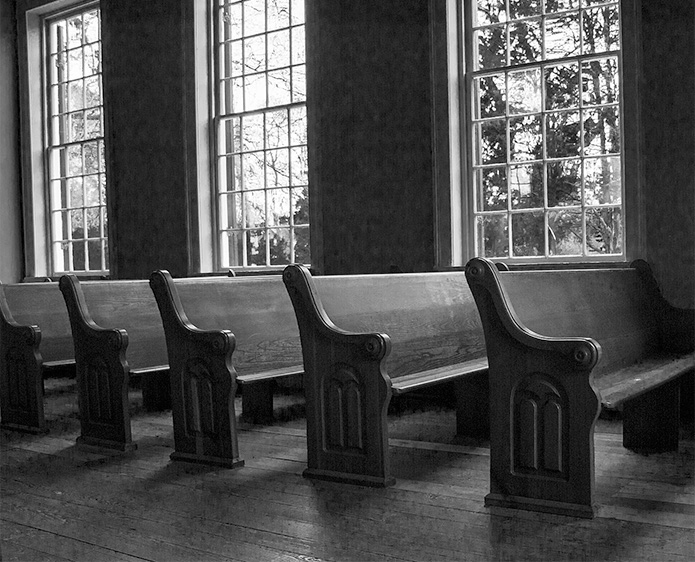Church pews in Old Brick Church, Mooresville AL - by Marjorie Kaufman