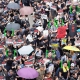 Hong Kong protest, modified with symbols that represent facial recognition technology