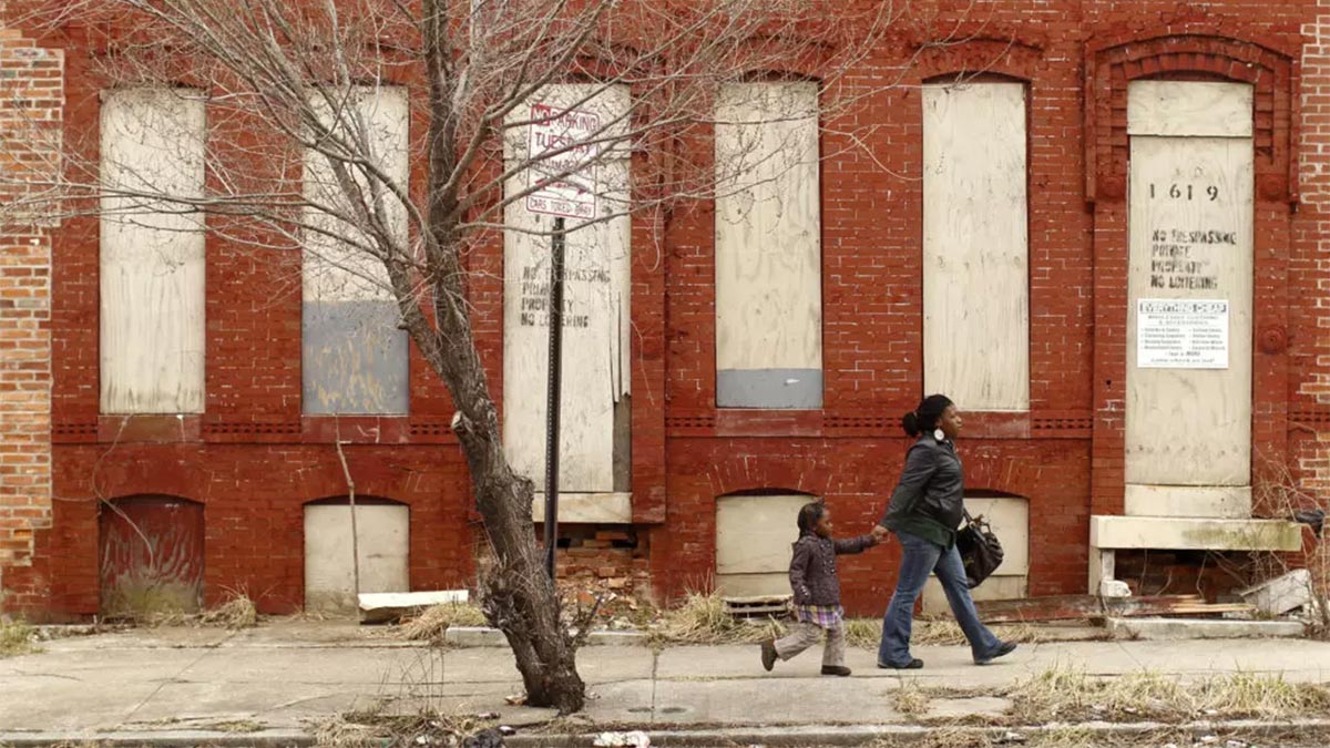 A dilapidated building in a neighborhood of Baltimore