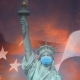 Lady Liberty under dramatic skies, with a face mask