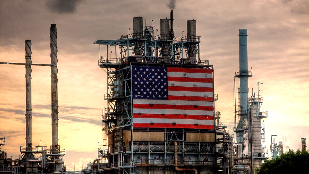 The American flag flies at a refinery in Carson, California