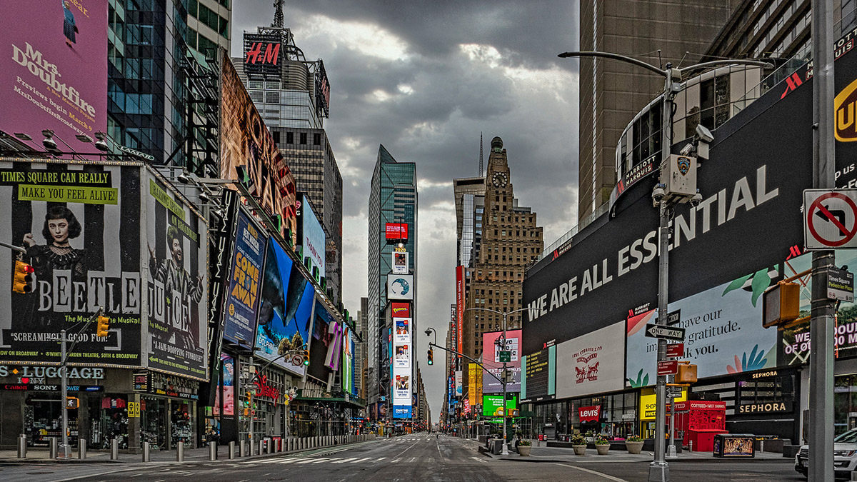 Empty retail stores at Times Square during COVID lockdown
