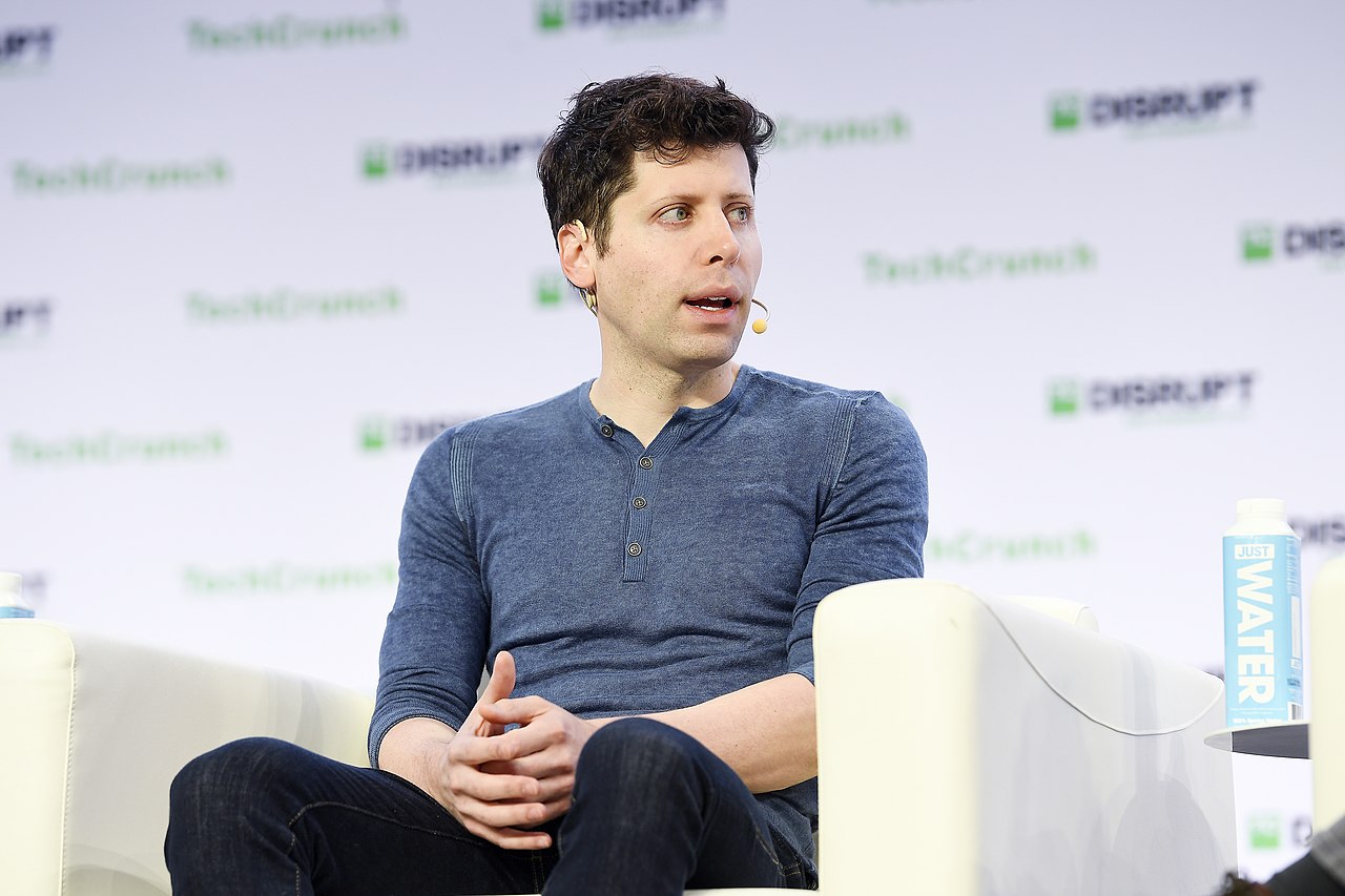 Sam Altman speaks at a tech conference about artificial intelligence.