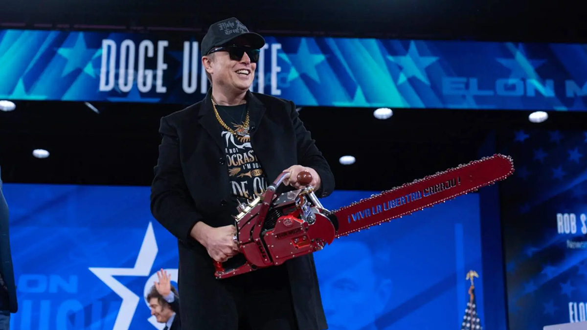 Elon Musk wields a figurative chainsaw at DOGE; here he is shown wielding a literal chainsaw on stage.