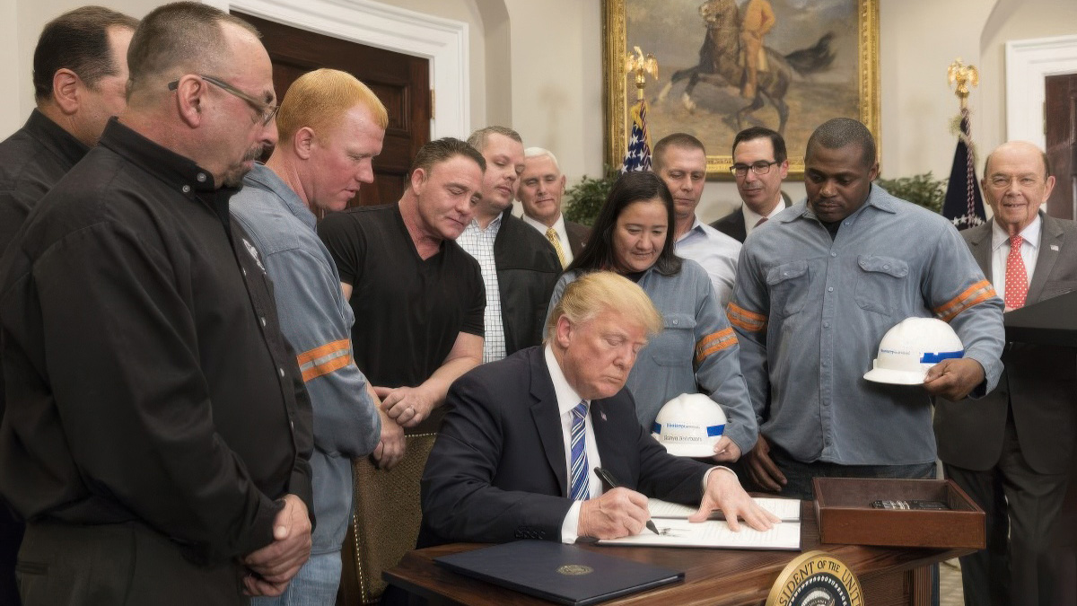 Donald Trump signs an executive order related to U.S. manufacturing.