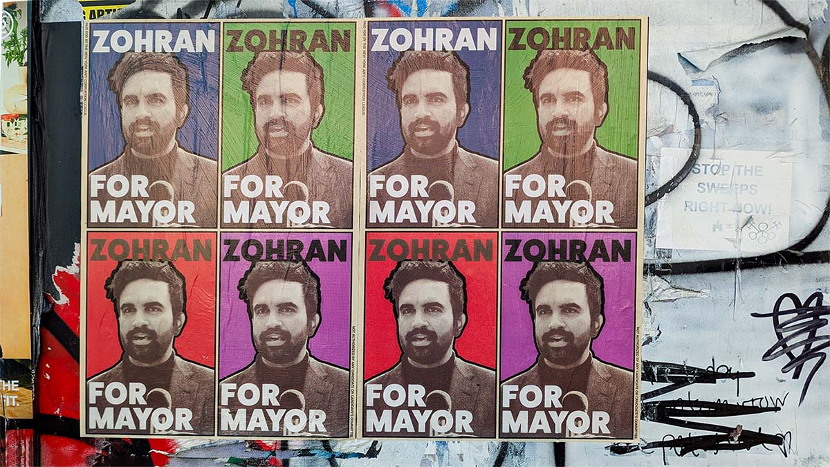 Mamdani NYC mayor campaign signs. Election of a democratic socialist is likely to accelerate the existing exodus of New York City’s Jewish community.