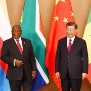 Africa_Cyril-Ramaphosa_Xi-Jinping China hopes to replace America as the global rule-maker, particularly in Africa. In this photo: Cyril Pamaphosa meets with Xi Jingping.