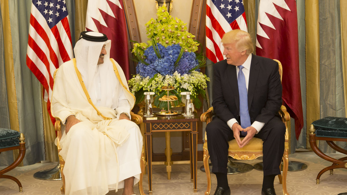 President Donald Trump meets with the Emir of Qatar during their bilateral meeting, Sunday, May 21, 2017, at the Ritz-Carlton Hotel in Riyadh, Saudi Arabia. (Official White House Photo by Shealah Craighead)