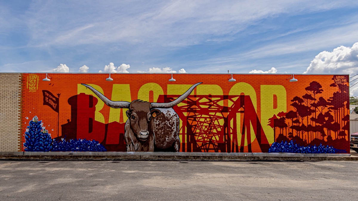Mural on a brick wall in Bastrop's commercial district.