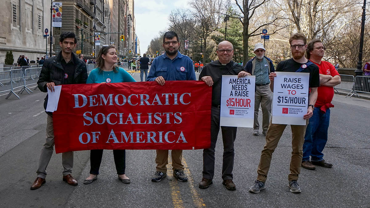 Protest on Wall Street, supporting wage increases and Democratic Socialists of America